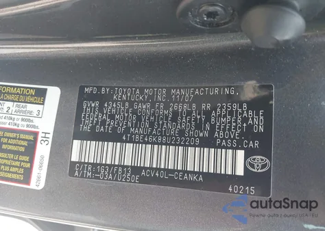 2008 Toyota Camry Le из США, поврежденный, VIN 4T1BE46K88U232209